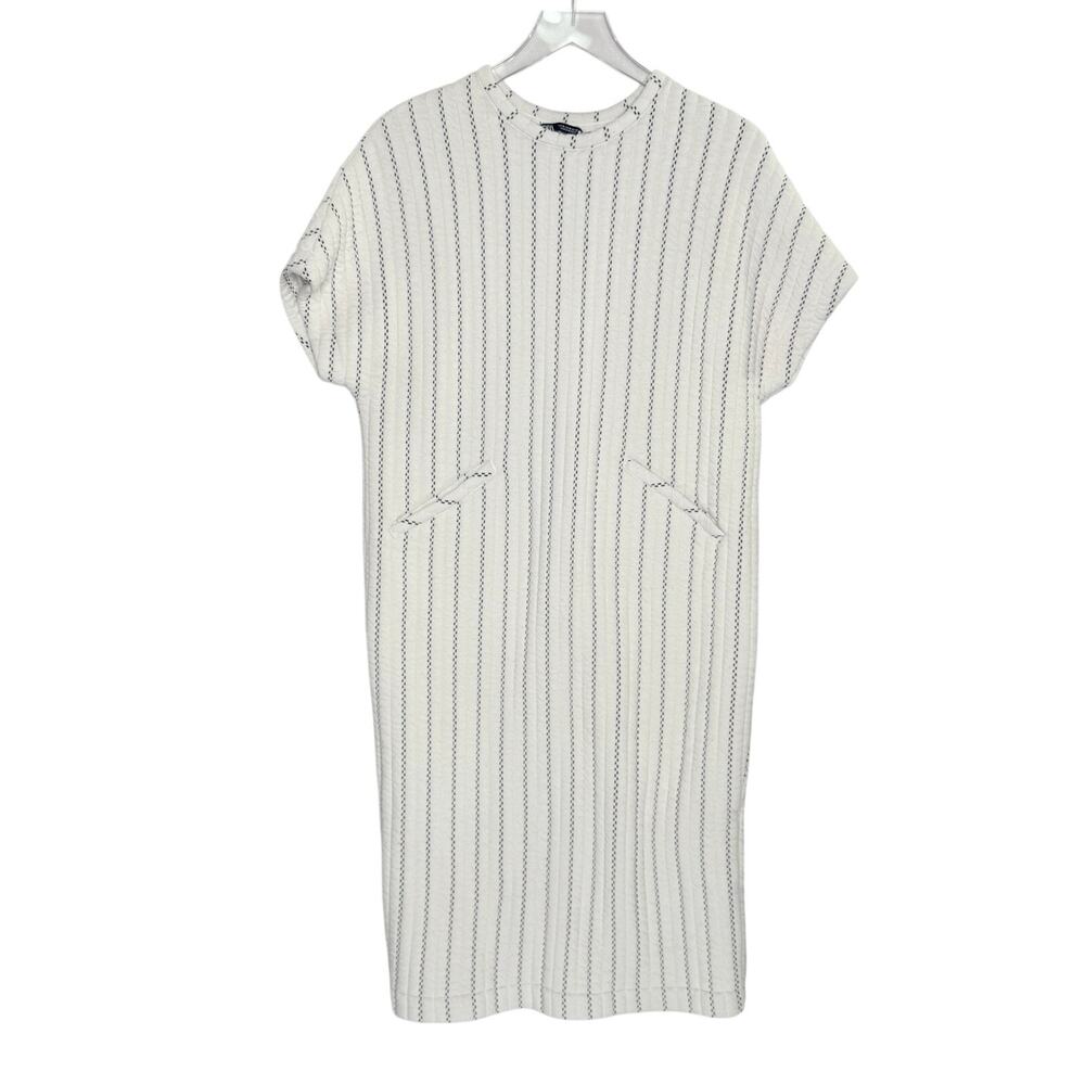 Zara Oversized Striped Quilted Dress M Relaxed Shift Front Pockets Cozy Chic